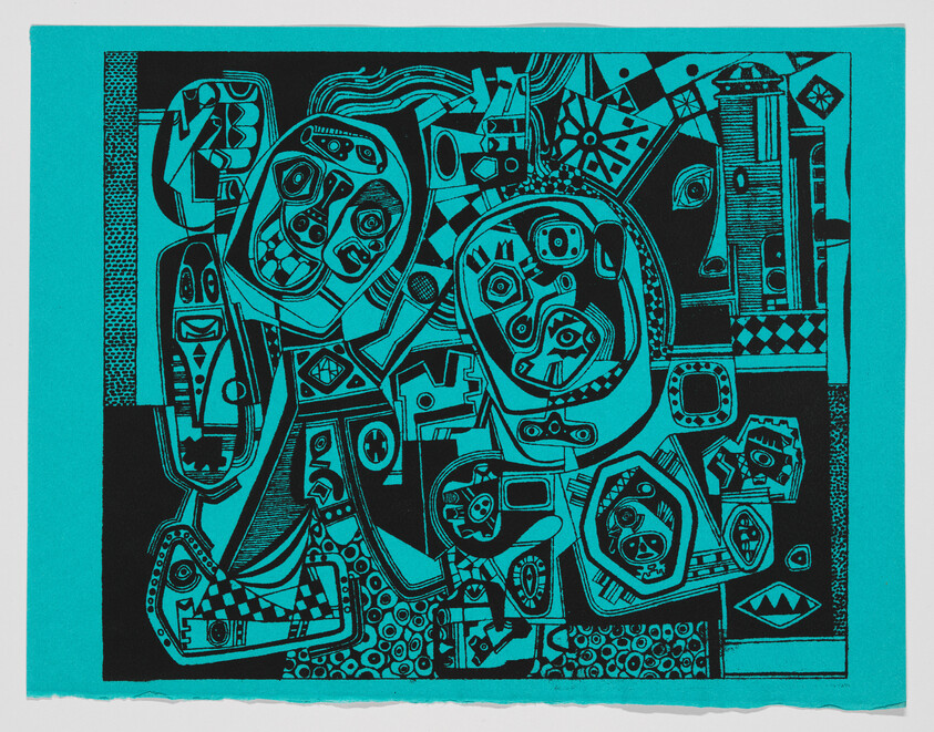 Abstract turquoise and black print showing multiple geometric faces and shapes in a busy composition.