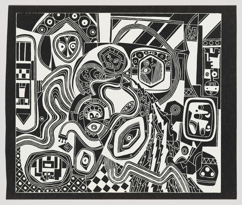 Black-and-white abstract composition of interlocking geometric shapes and stylized faces and eyes.