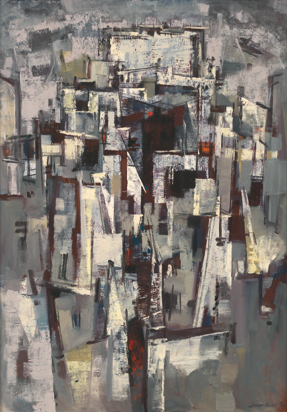 Cluster of overlapping geometric blocks and brushstrokes in muted grays, whites, and dark reds.