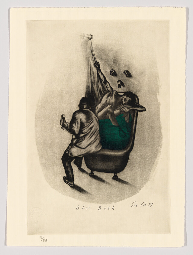 A black and white illustration depicting a surreal scene where a person is being bathed by another individual in a large tub. The person in the tub is flinging water upwards, which transforms into ghostly faces that float away. The bather, standing outside the tub, holds a small object, possibly soap, in their hand. The artwork has a caption at the bottom reading "Blue Bath Sue Coe 97" and is numbered "3/40." The paper has a rough texture and is embossed with a circular seal on the bottom left corner.