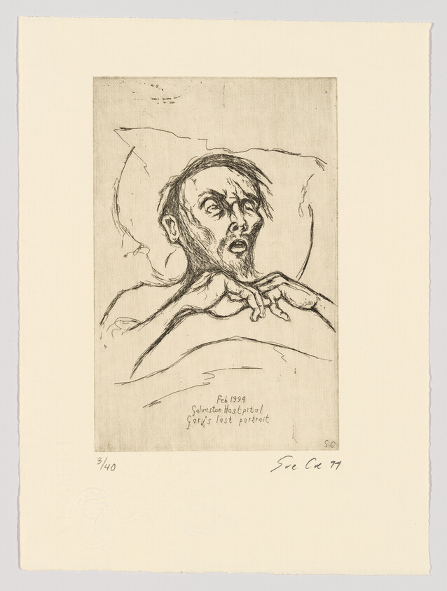 A sketch of a distressed figure with an open mouth and wide eyes, appearing to emerge from or be submerged in water, with text indicating it was created in February 1994 at Galveston Hospital and titled "Griffin's Last Portrait." The artwork is numbered 3/40 and signed by the artist in the bottom right corner.