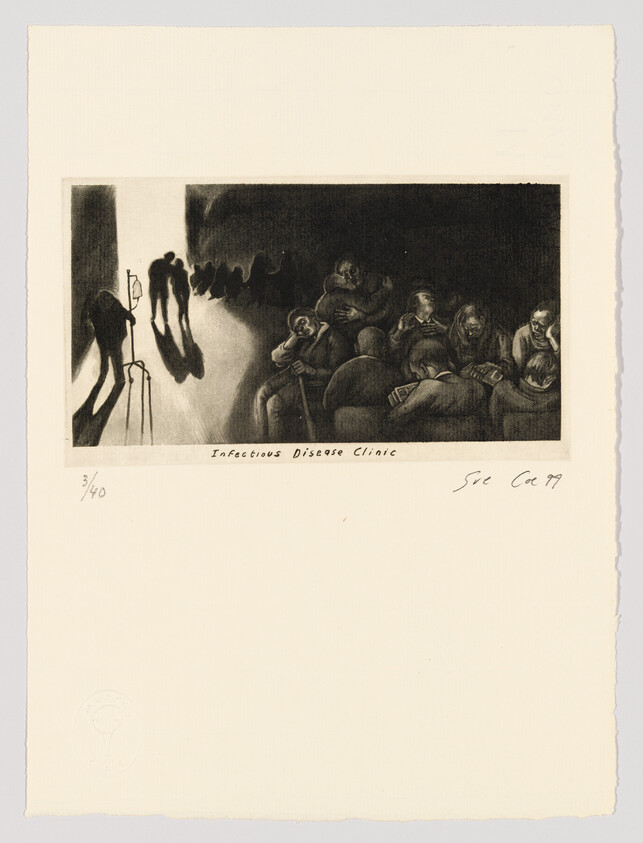 A black and white print depicting a scene in an infectious disease clinic with several figures seated and waiting, some appearing weary or in discomfort. A shadowy figure stands in the doorway, and the image conveys a somber atmosphere. There is text at the bottom indicating the title of the piece and the artist's signature, along with an embossed seal in the lower left corner.