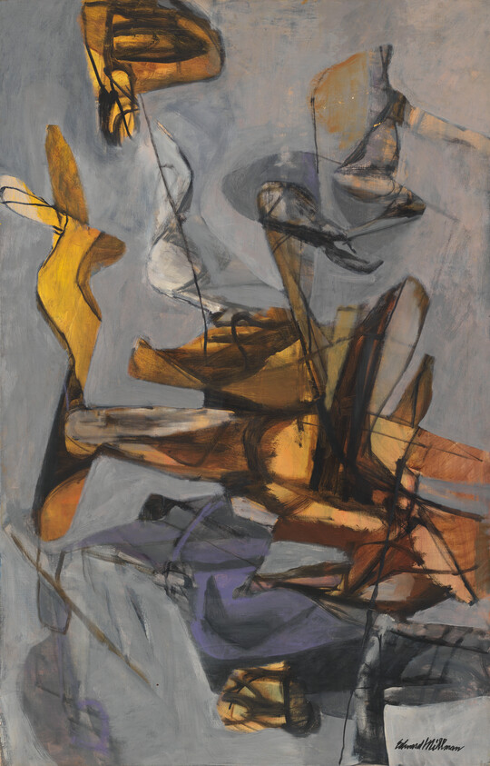 Abstract painting with dynamic yellow and brown forms layered over a muted gray background.