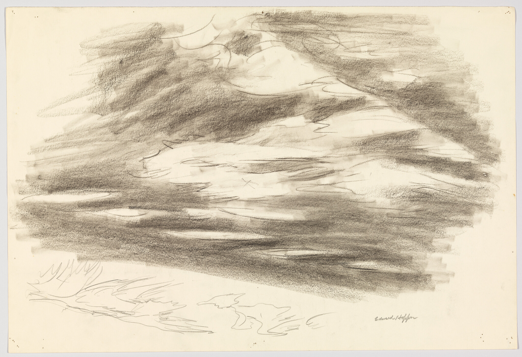 Dark charcoal sketch showing layered, sweeping cloud-like forms across the page.