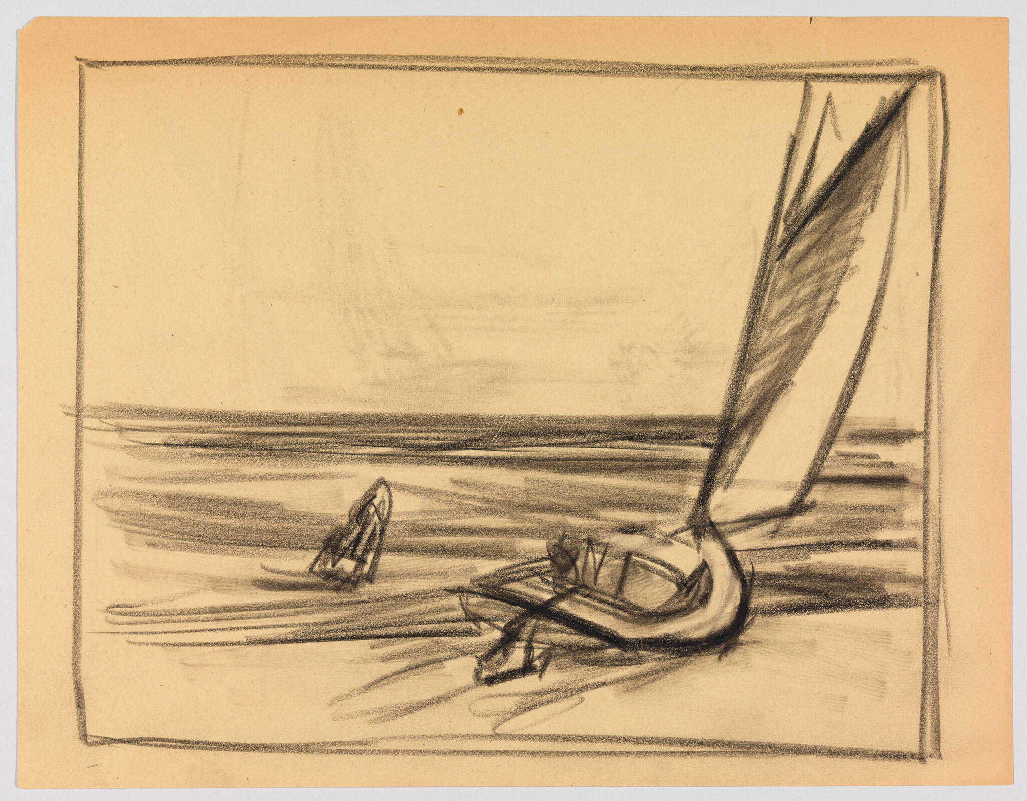 A small sailboat rests on the shore with its tall sail leaning over the water.