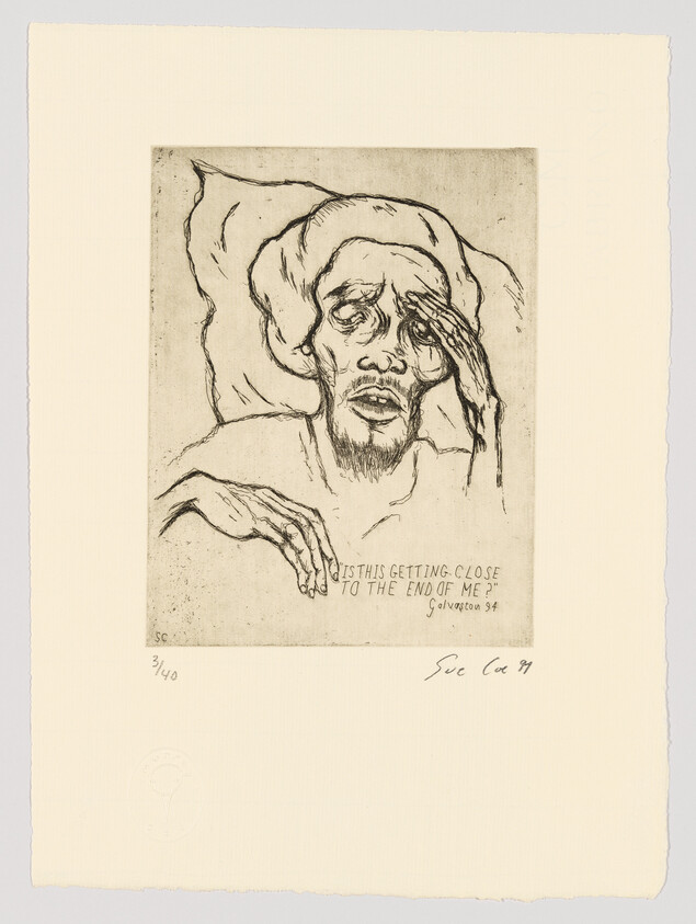 An etching of a distressed figure with a hand on their forehead, with the text "IS THIS GETTING CLOSE TO THE END OF ME?" inscribed below. The artwork is numbered 3/40 and signed by the artist, Sue Coe, in 1994. There is an embossed stamp at the bottom left corner of the paper.