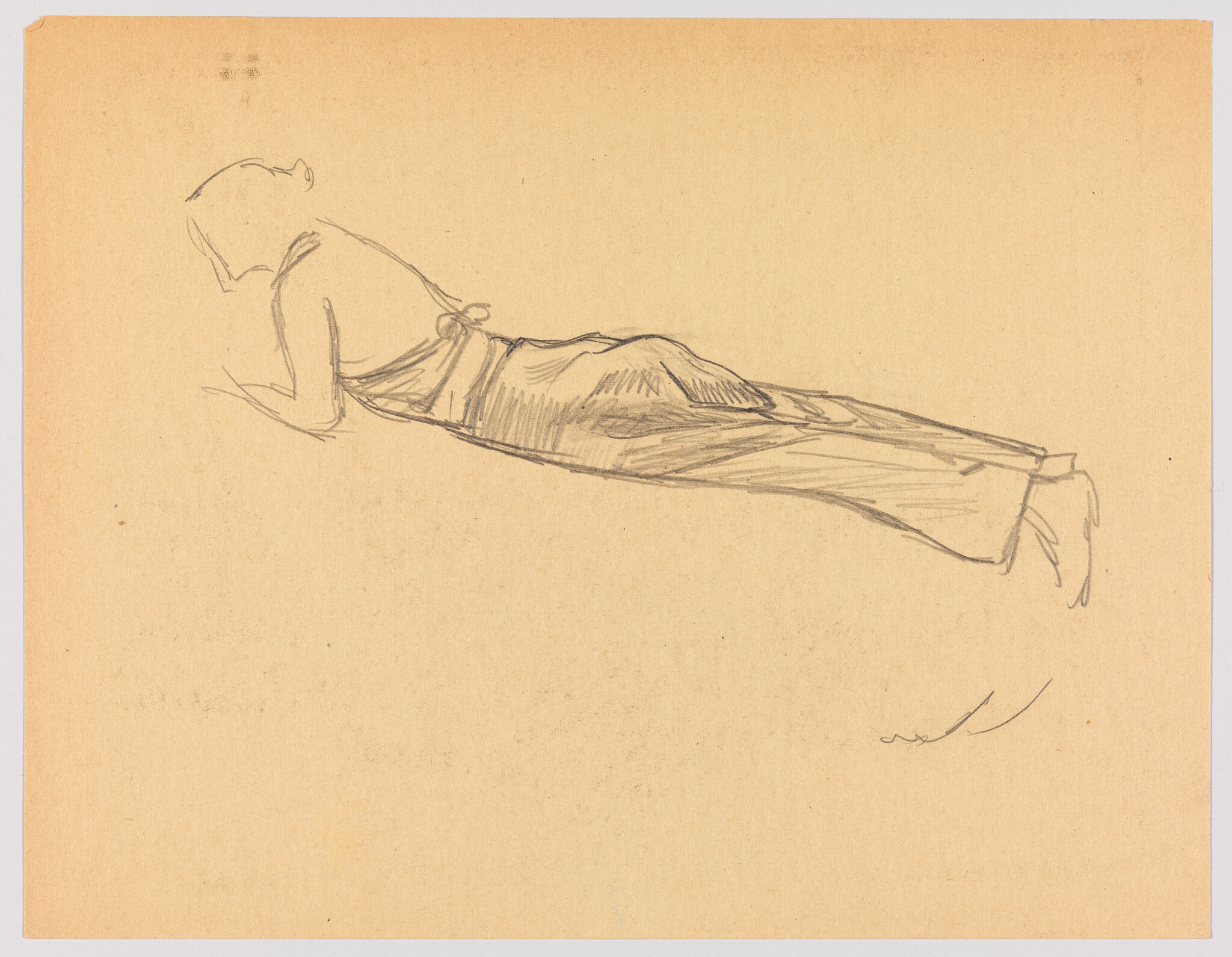 A pencil sketch shows a woman lying on her stomach, propped on her elbows.