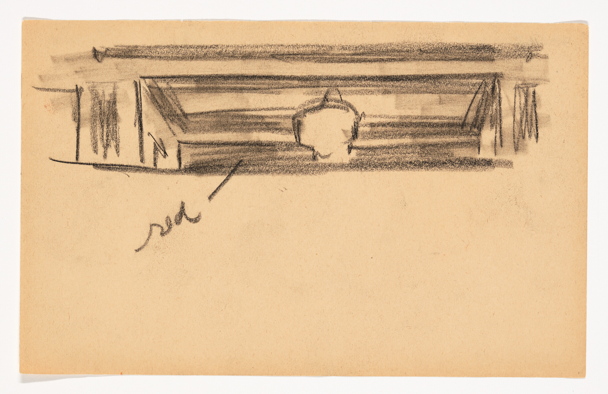 Rough charcoal sketch of a decorative ceiling with recessed molding and a central hanging light fixture.
