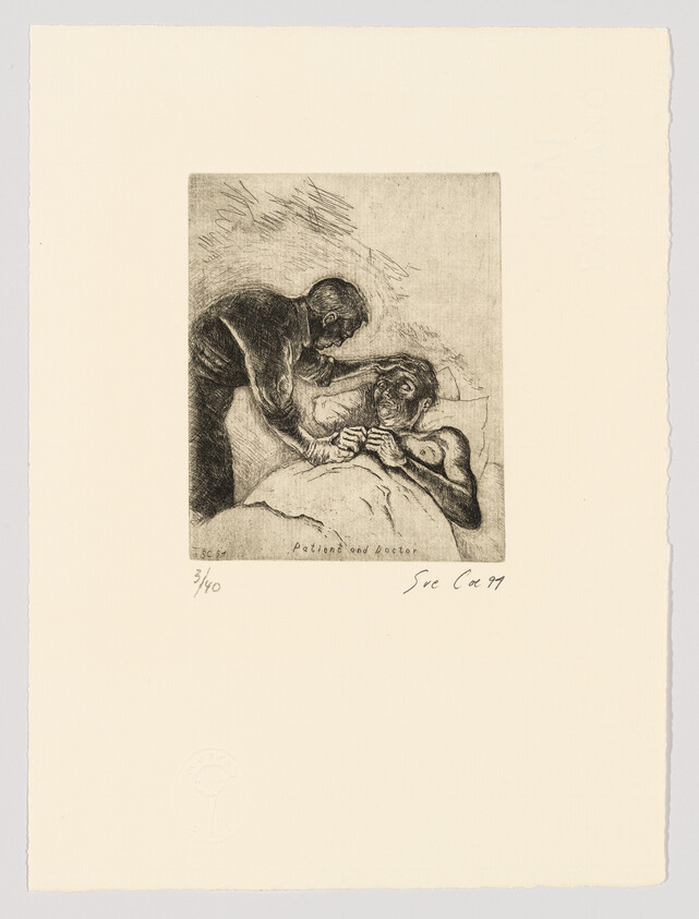 An etching depicting a scene with two figures, where one appears to be a doctor leaning over a reclining patient, both with concerned expressions. The artwork is titled "Patient and Doctor" and includes a signature and date in the lower right corner, with an edition number on the left. The print is on cream-colored paper with a visible embossed seal at the bottom center edge.