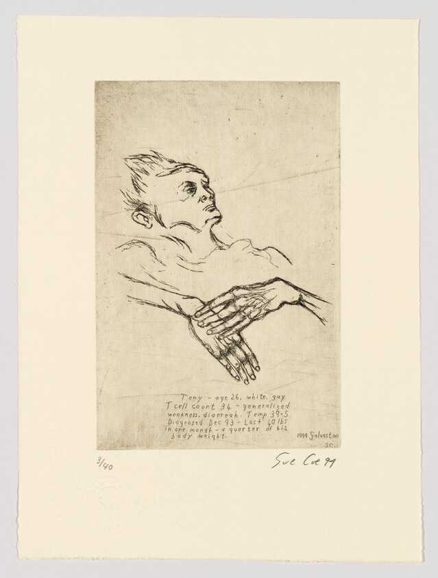 This is an etching of a young man's portrait above a pair of clasped hands, with text below detailing the individual's name, age, and health status, including a T cell count. The artwork is dated and signed by the artist at the bottom. The image has a raw, sketch-like quality and is centered on a cream-colored paper with a visible plate mark around the etching.