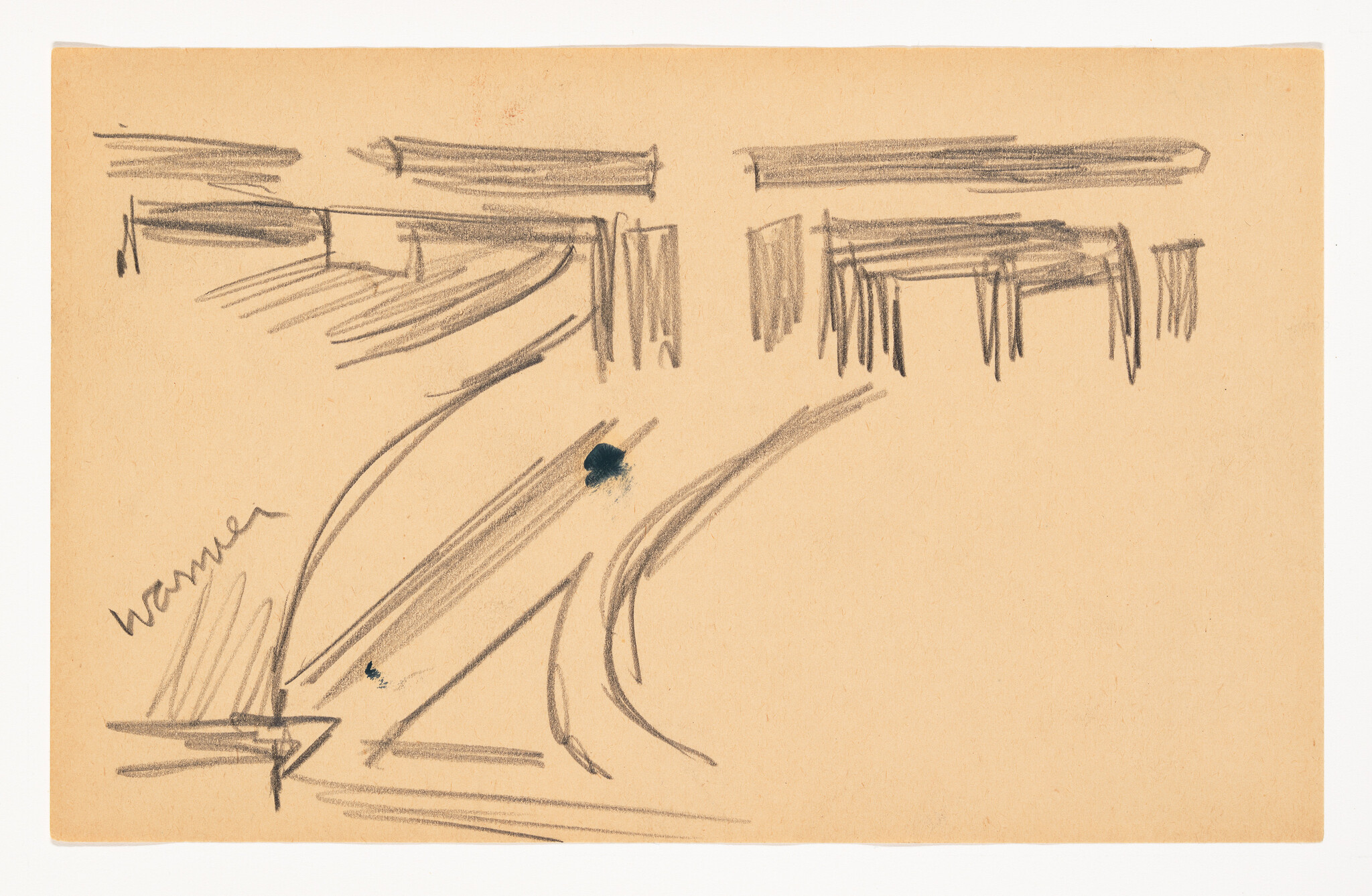 A rough pencil sketch of sweeping curved lines and rectangular blocks on tan paper.