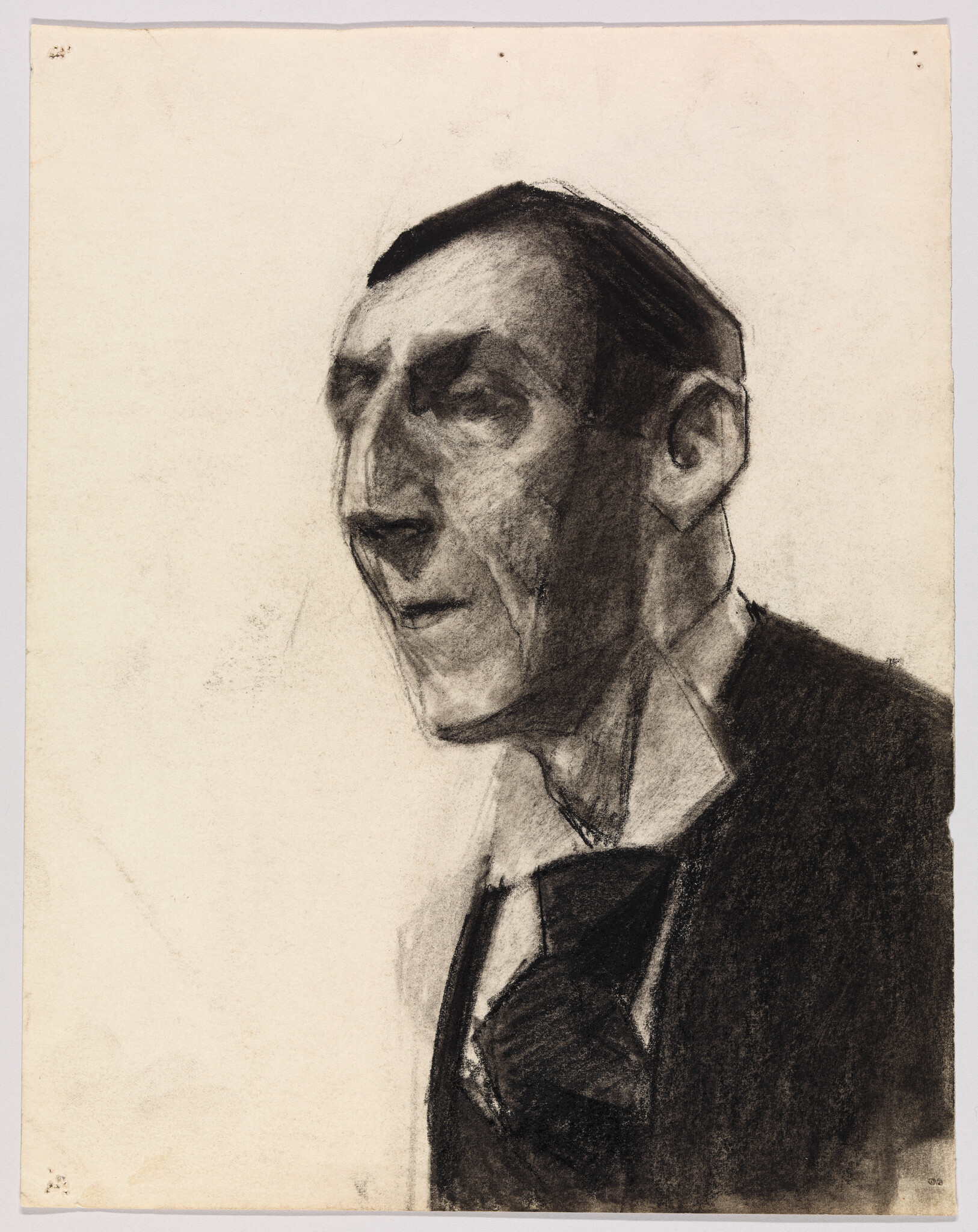 A charcoal portrait of a thin man in a suit and tie with a somber expression.