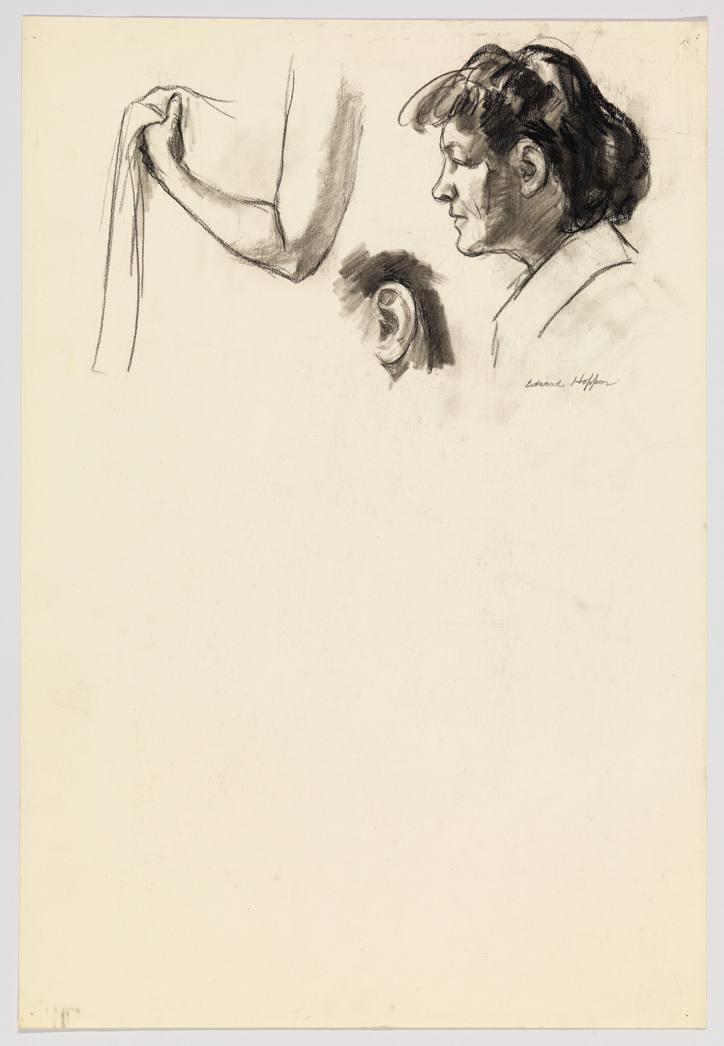 Charcoal study showing a woman's profile, a close-up ear, and an arm holding cloth.