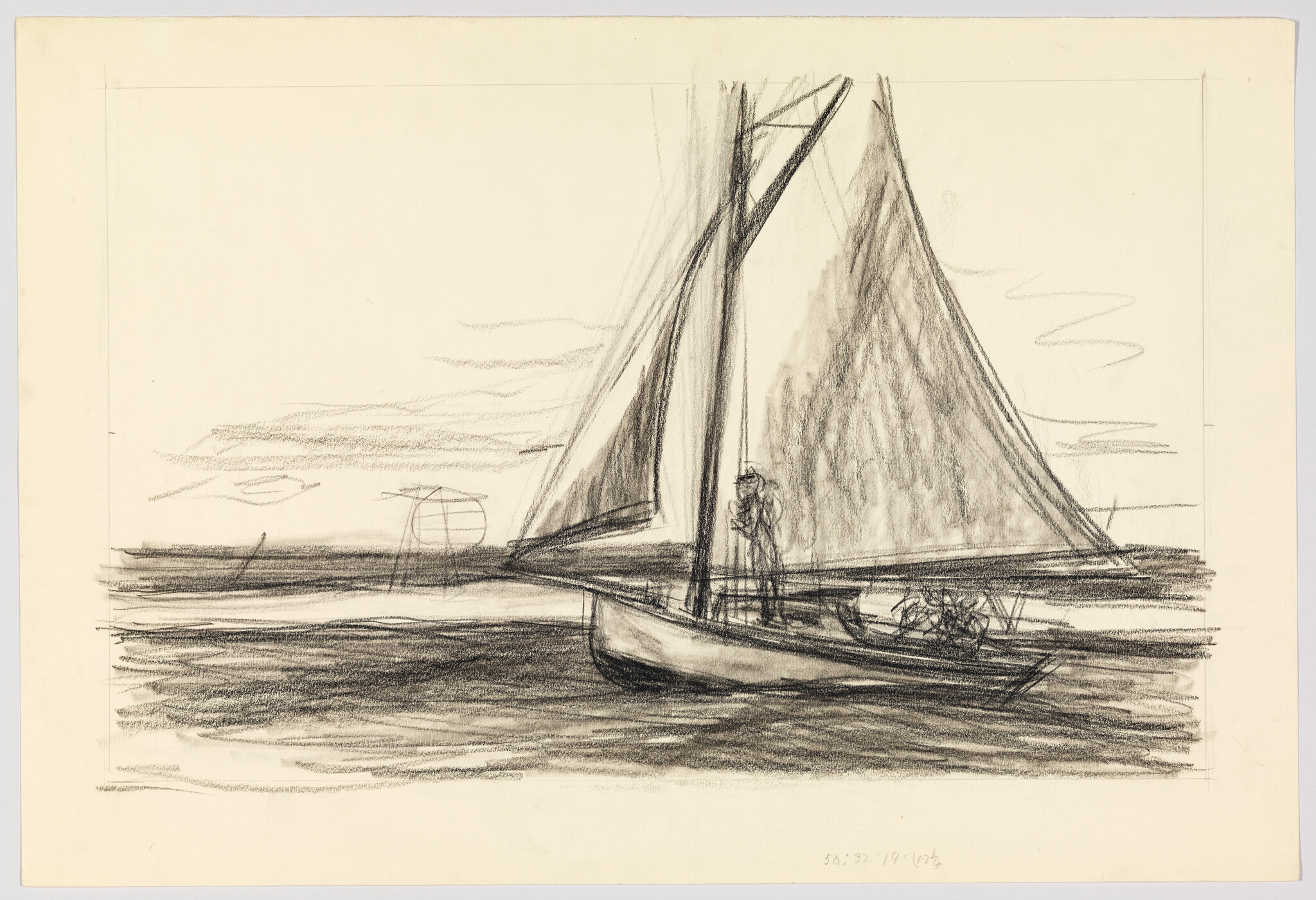 A small sailboat with a person standing by the mast adjusting the sail on calm water.