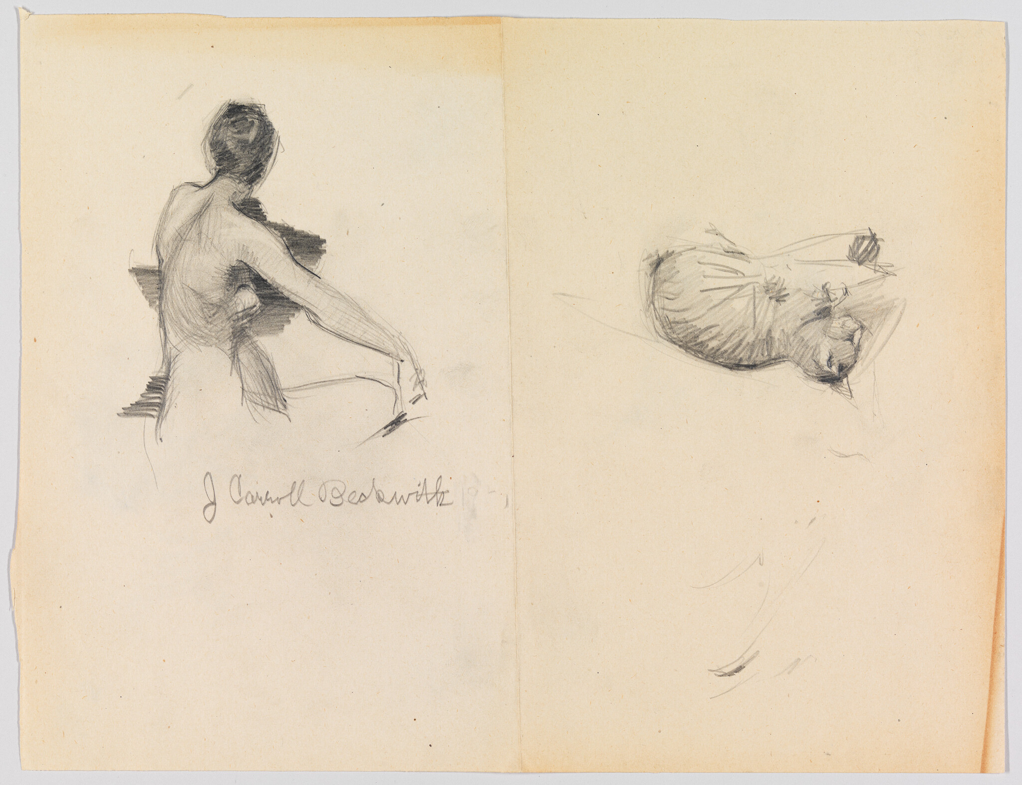 Sketchbook page showing a seated nude woman's back and a curled-up sleeping cat.