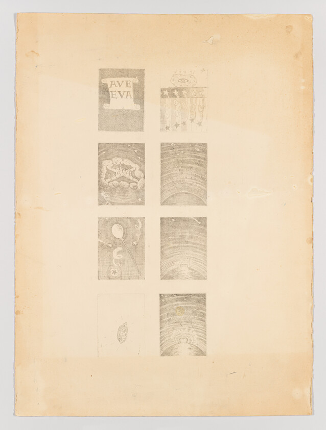 Faded sheet with eight small rectangular illustrations arranged in two vertical columns.