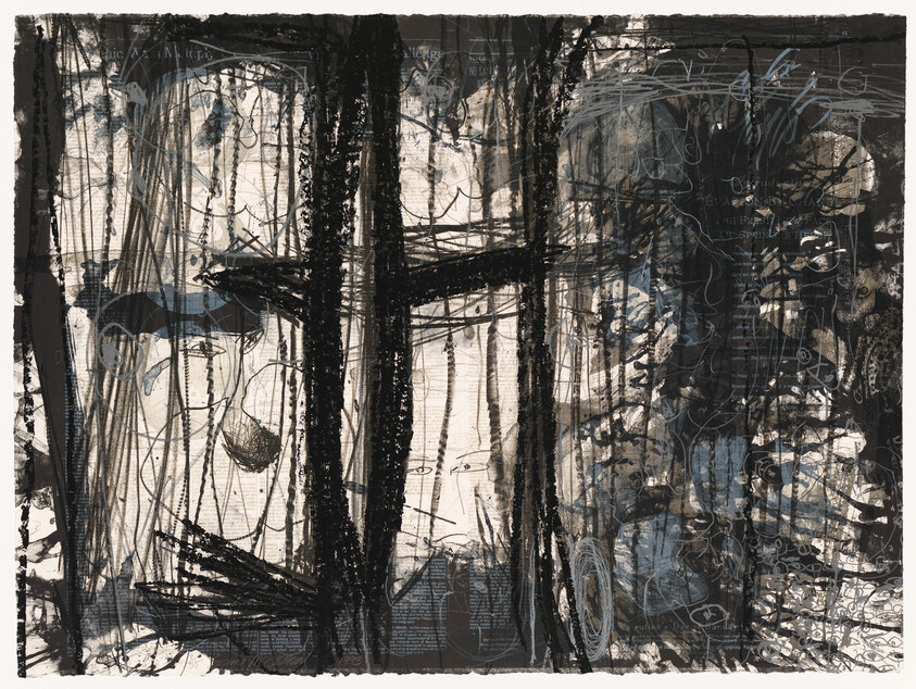 Dark abstract composition with bold black cross marks, tangled lines, and faint ghostly faces.