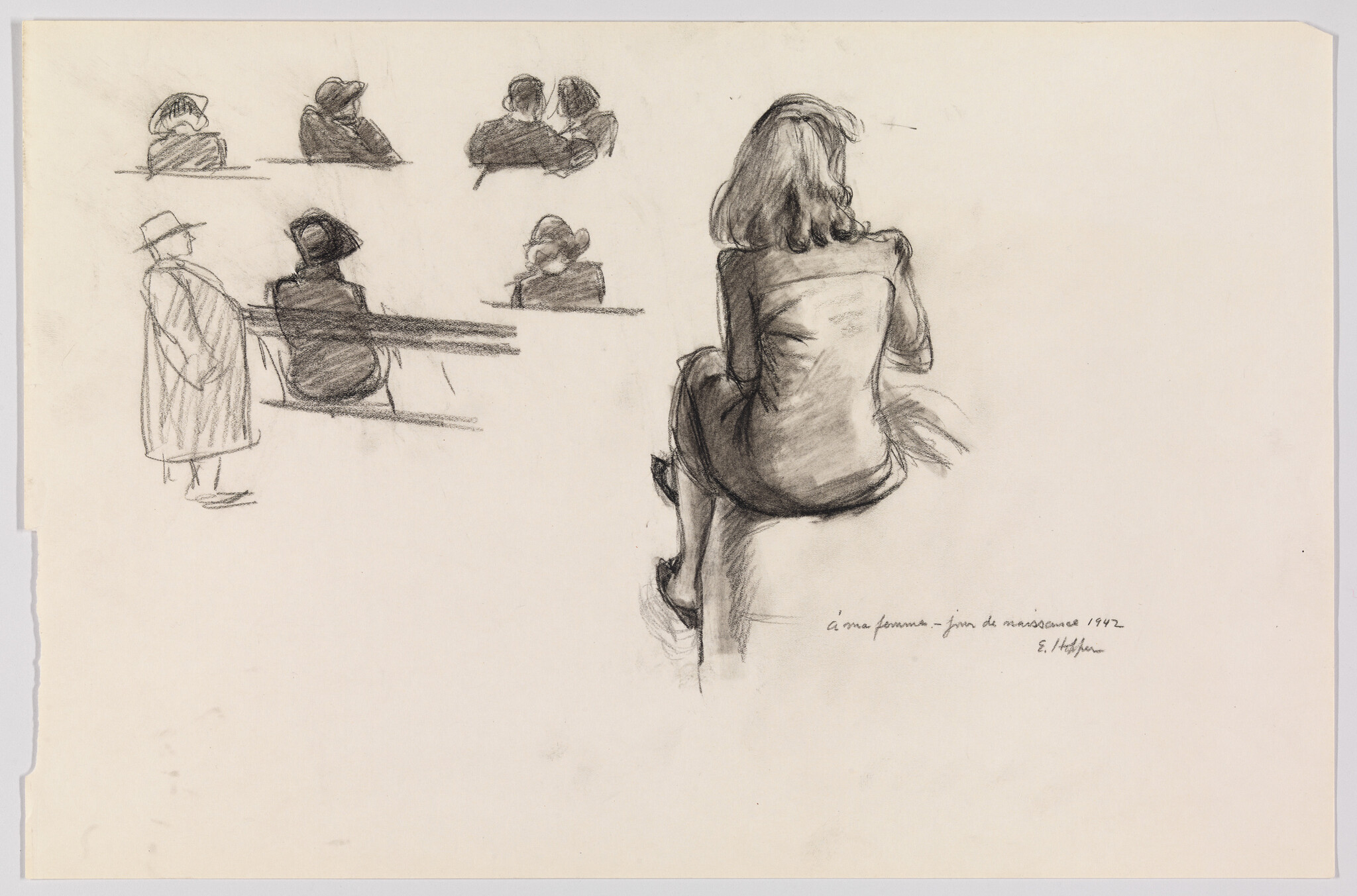 A woman sitting on a ledge viewed from behind, surrounded by small bench sketches.