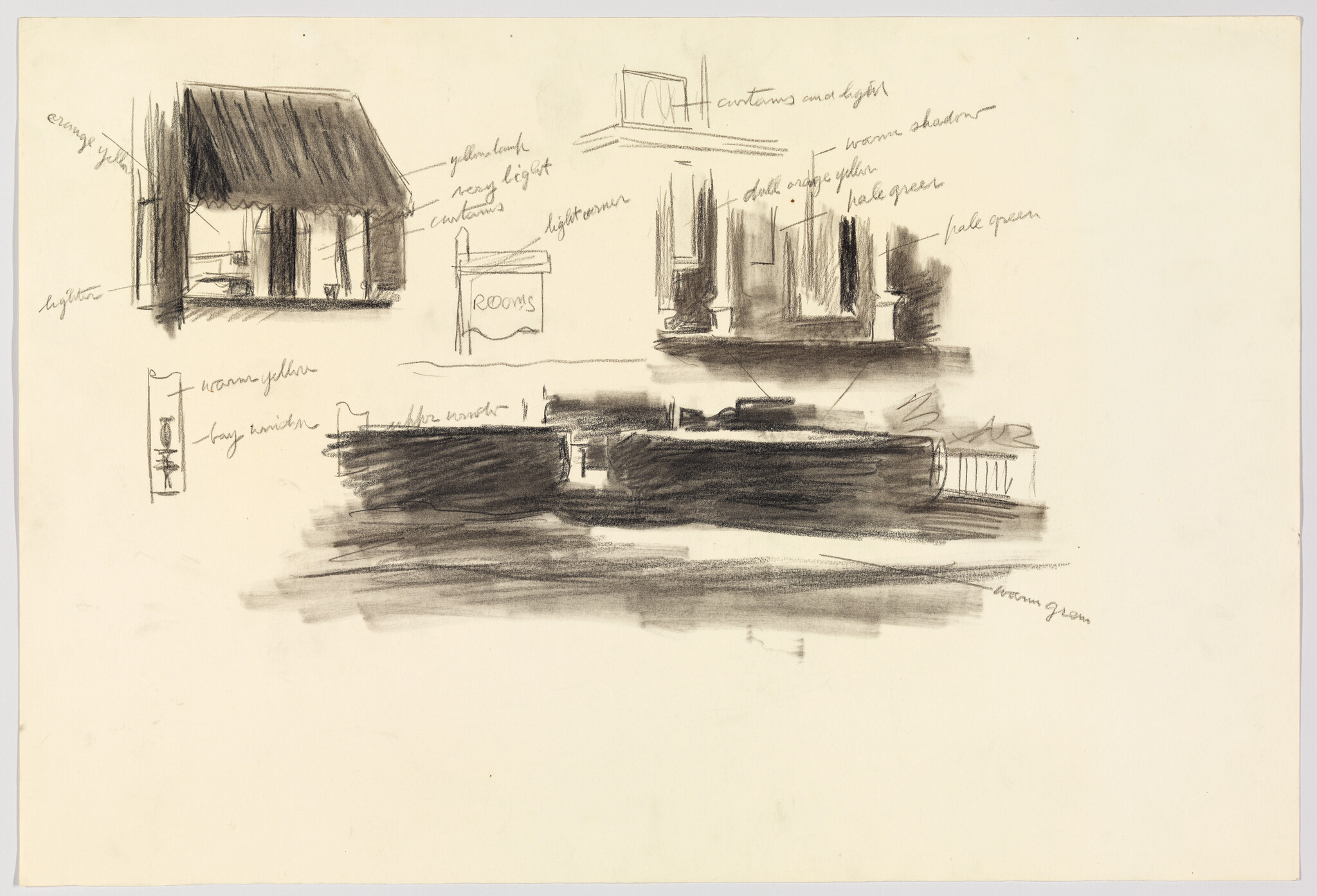 Sketches of storefront awnings, building facades, and a dark shadowed wall with notes.