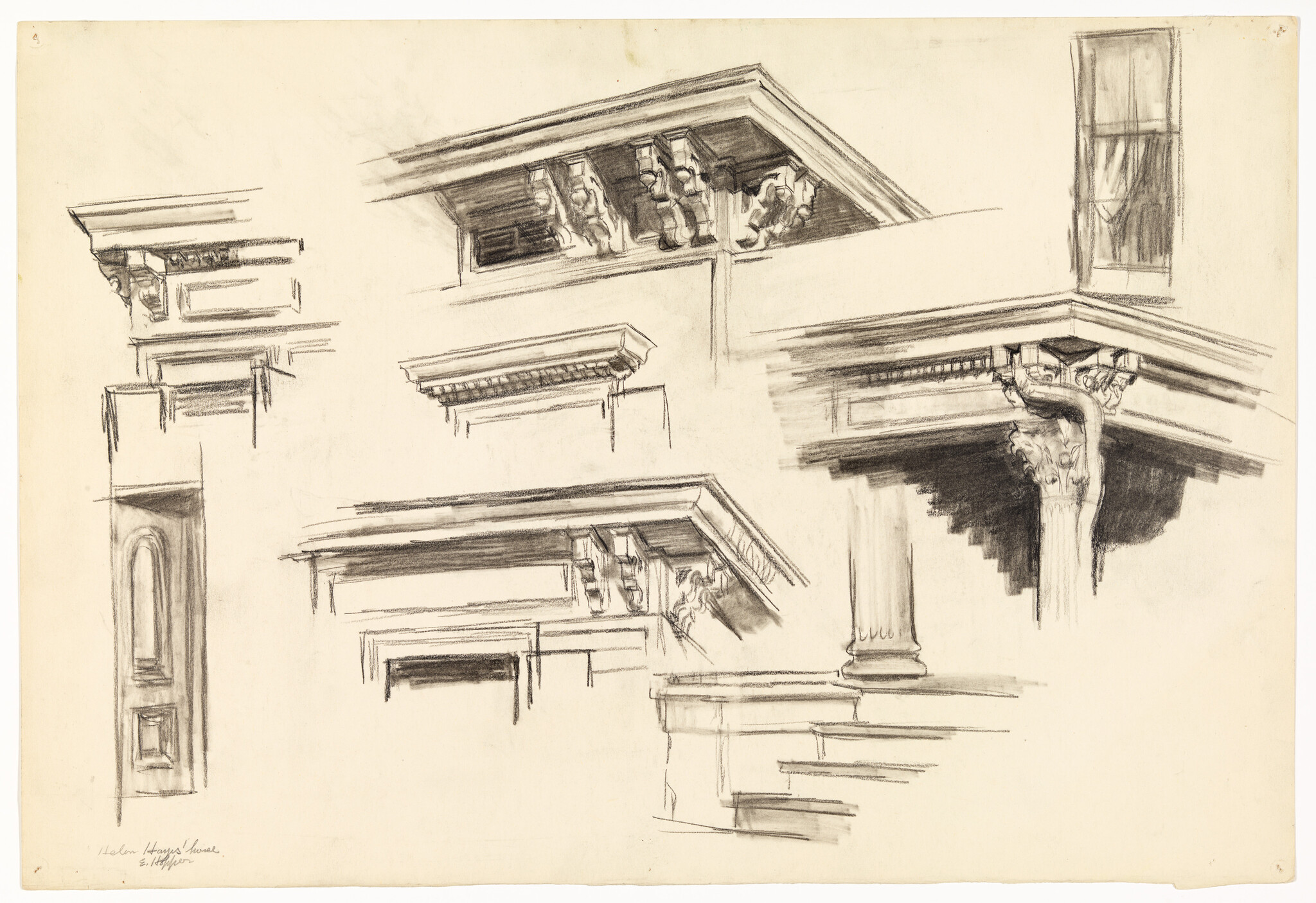 Sketches of architectural details including cornices, columns, and a window with figures visible inside, drawn in pencil on a light background.