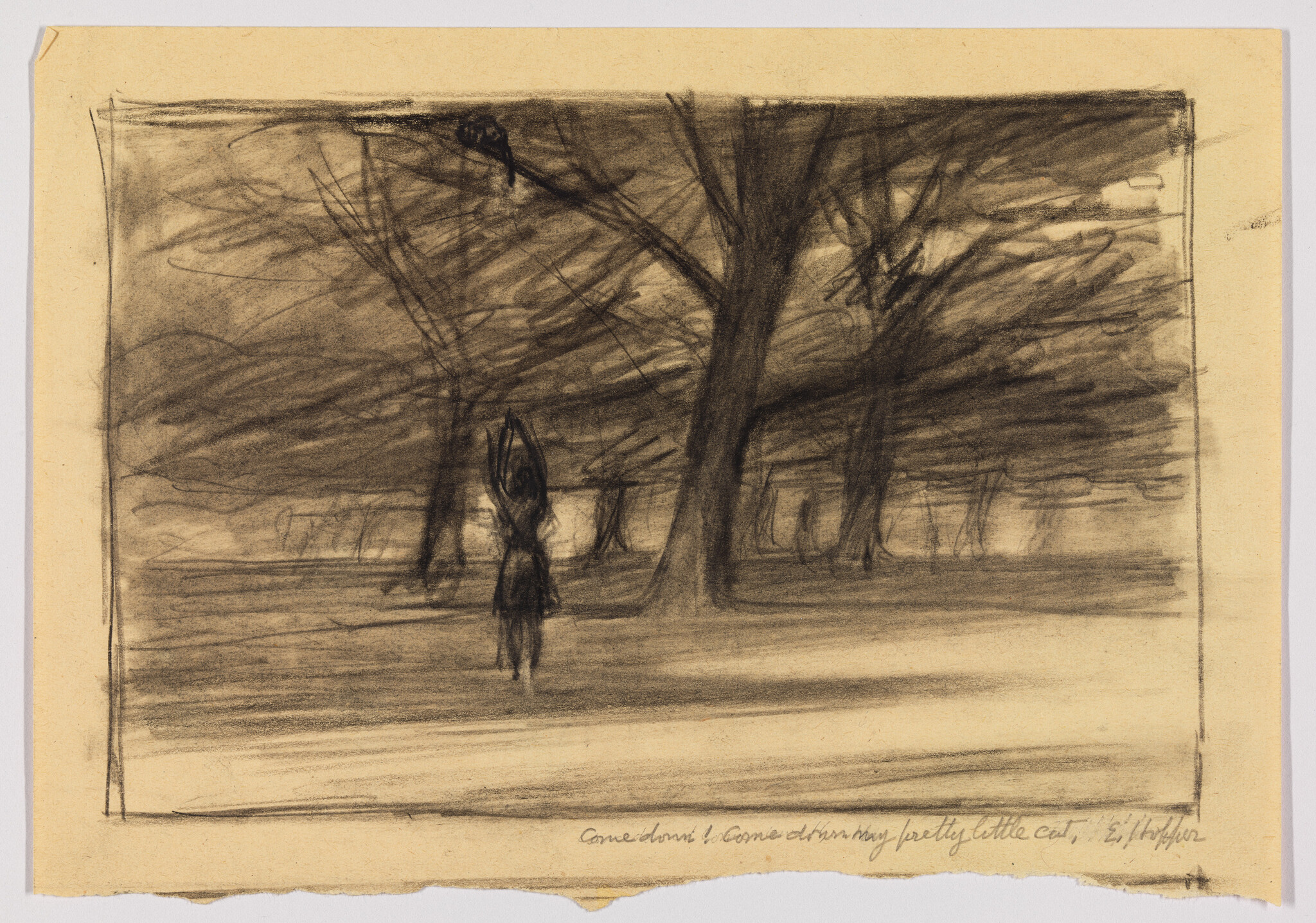 Figure with arms raised standing under large trees in a windy, sketchy park.