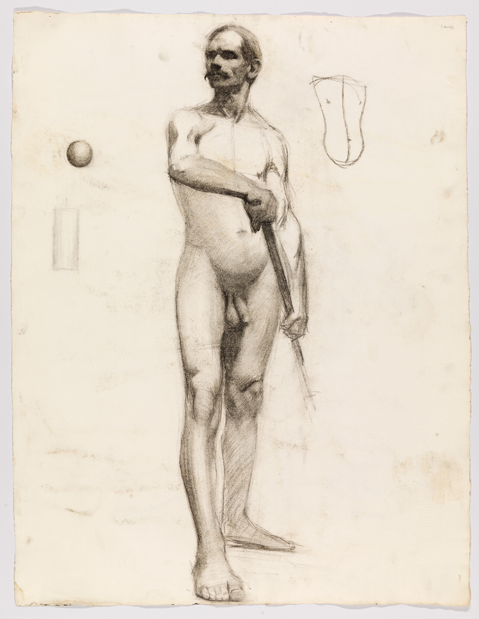 A standing nude man holds a staff with one arm while looking to his left.