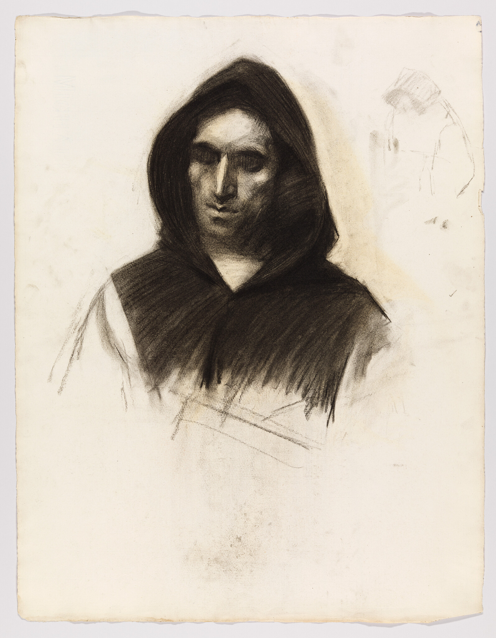 A charcoal portrait of a hooded figure looking down with a solemn expression.