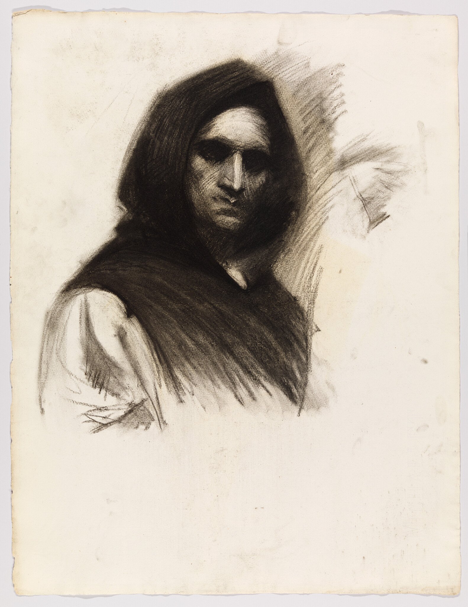 A charcoal portrait of a hooded figure with a shadowed face and downcast expression.