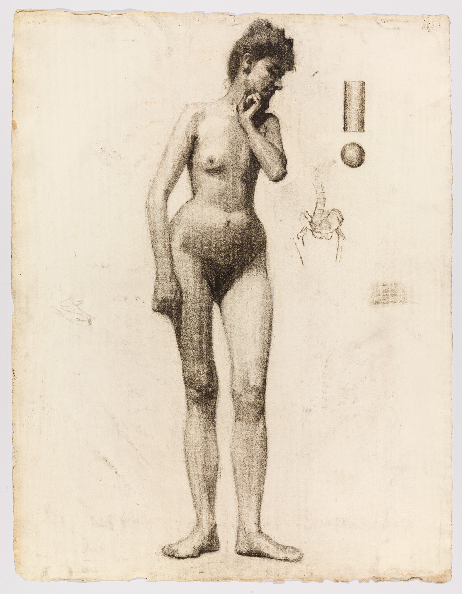 A standing nude woman looks downward with one hand near her chin in a charcoal study.