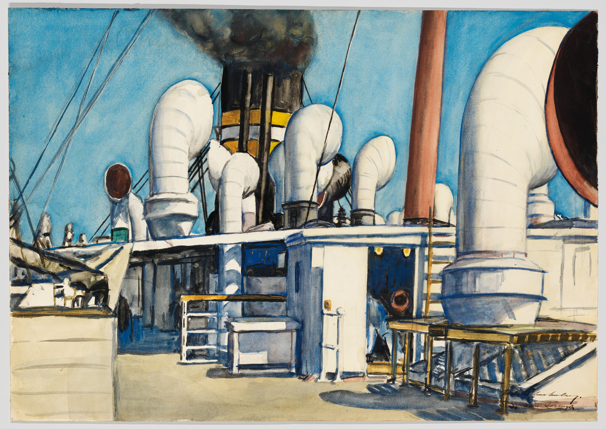 Ship deck with large white ventilation funnels, a tall smokestack emitting black smoke, and open hatch.