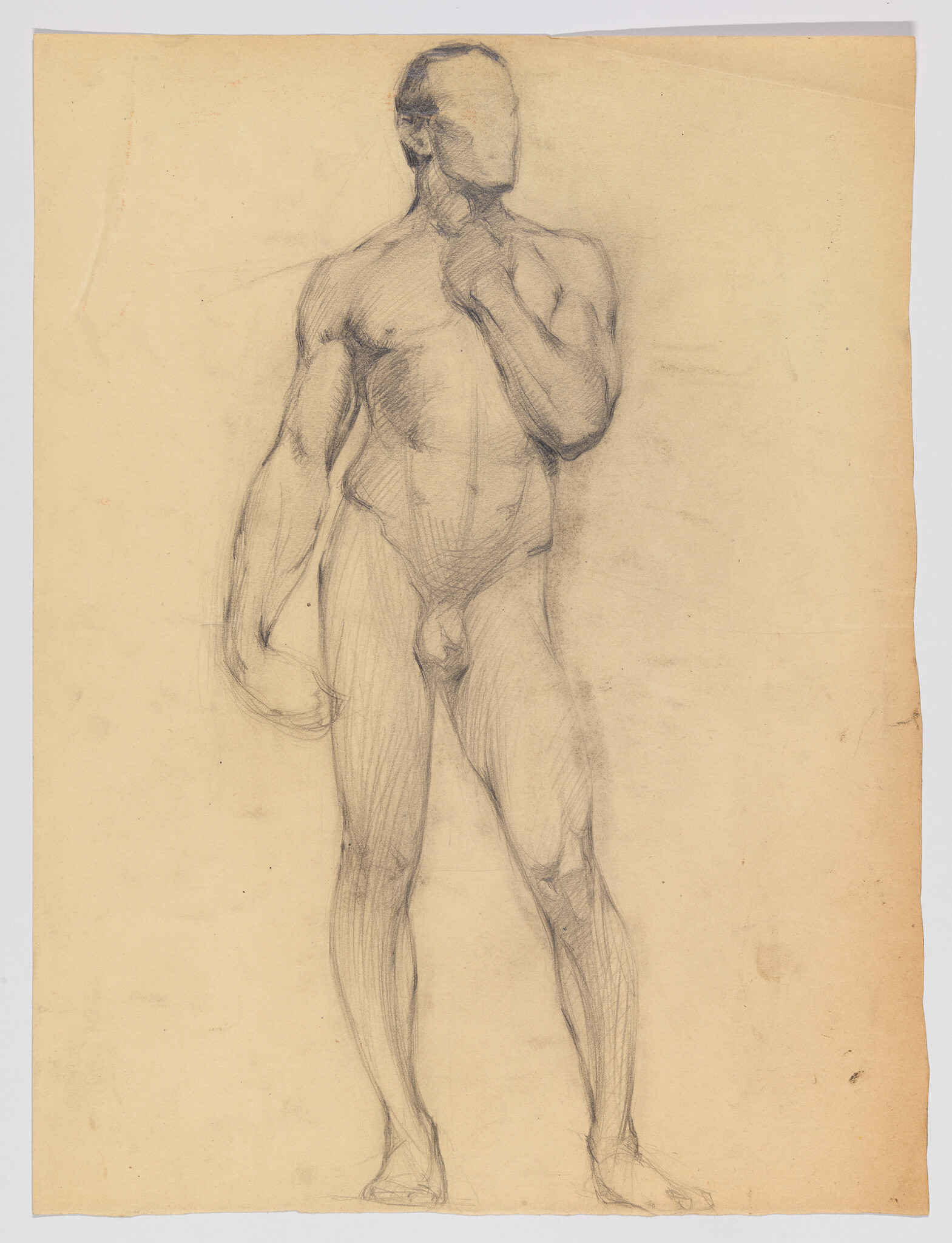 Nude standing male figure sketch with one hand at his neck and faceless head.