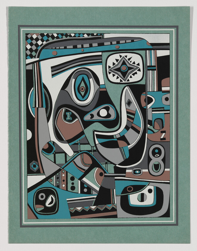 Abstract geometric painting with teal, black, and brown shapes forming eye-like and curved motifs within a teal frame.