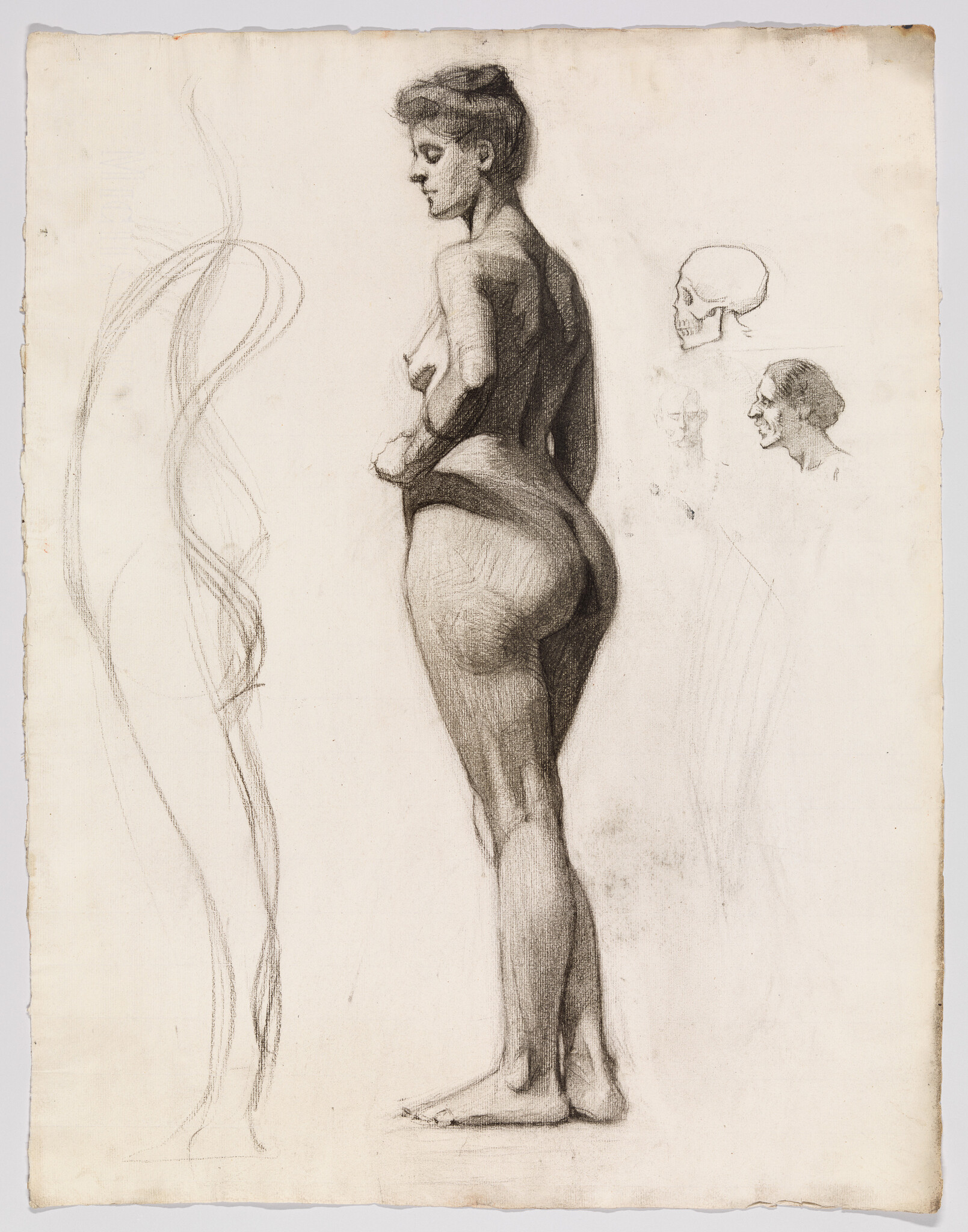 A charcoal study of a standing nude woman in profile with small skull and head sketches nearby.
