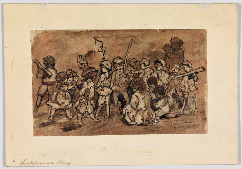 A group of children dressed in vintage clothes playing and pretending to march with sticks and flags.