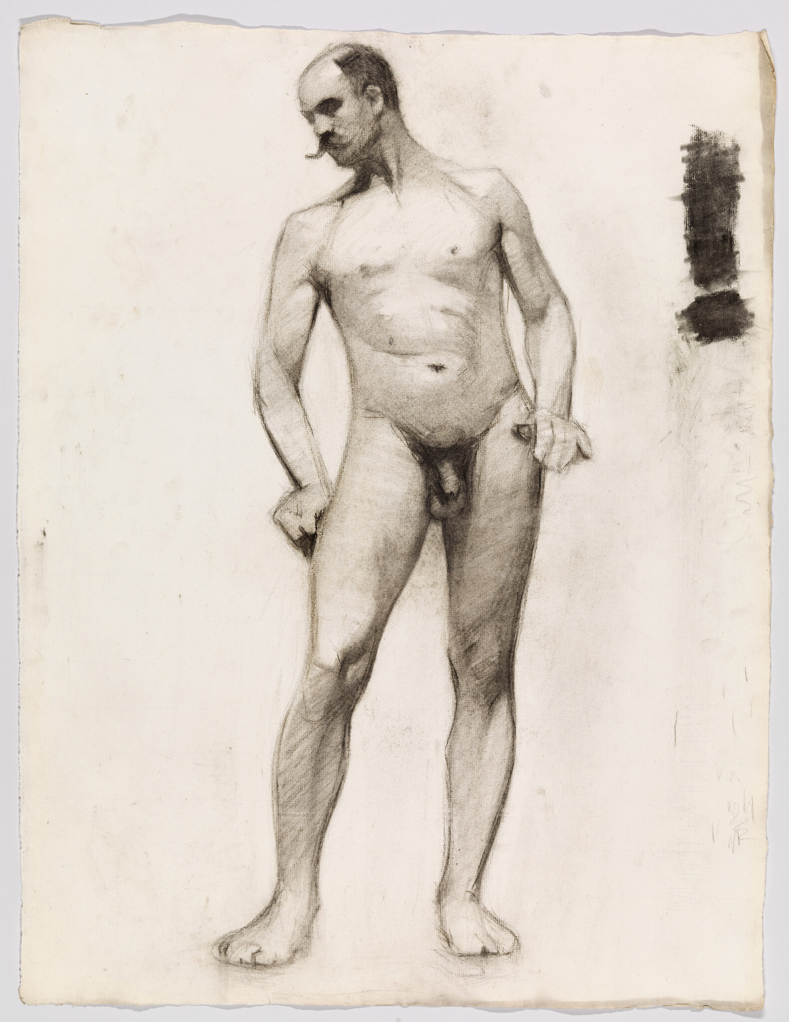 Standing nude male model with mustache looking downward, weight shifted onto one leg.