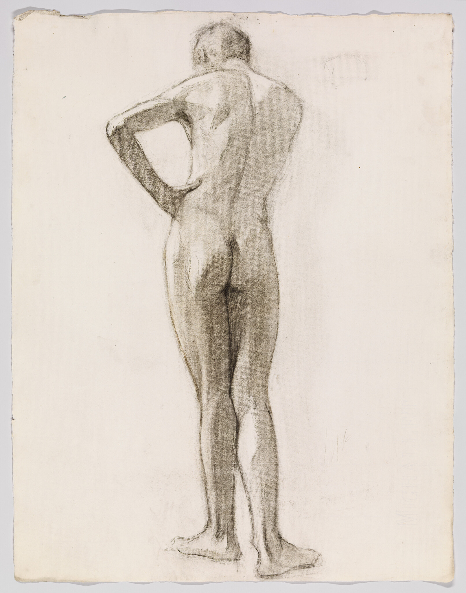 Nude male standing with hands on hips, viewed from the back in charcoal sketch.