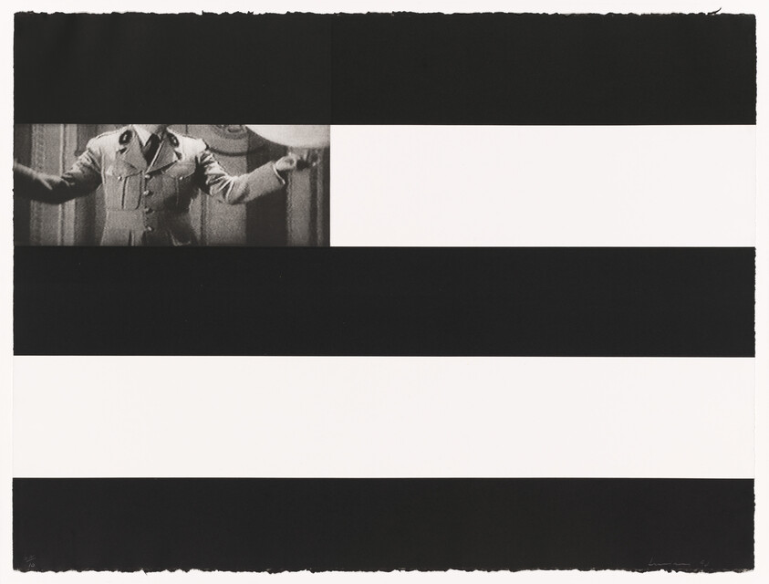 Black and white striped composition with a small vintage film still showing a person in uniform gesturing.