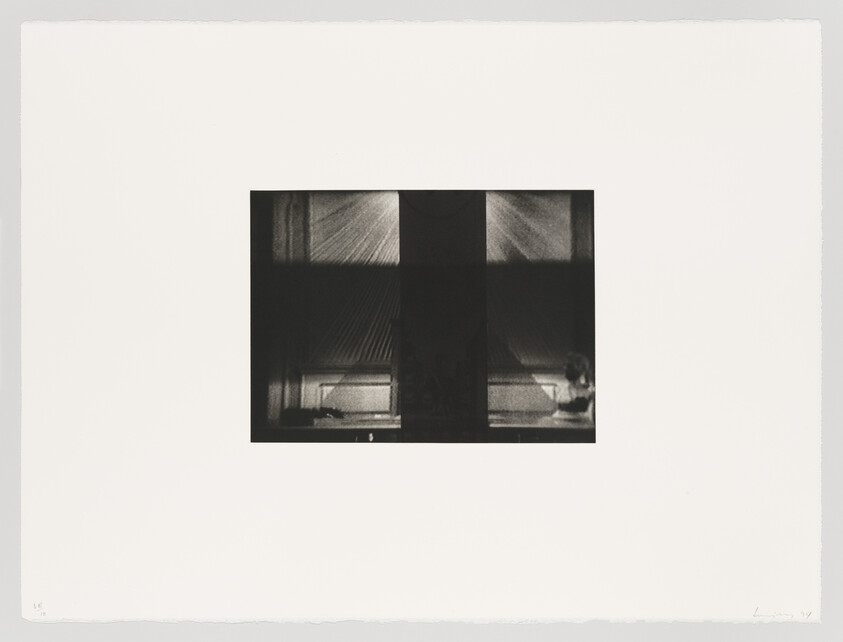 Centered dark rectangular window shows light streaming through curtains and a person seated at the right.