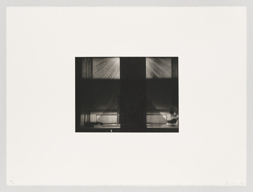 Centered dark rectangular window shows light streaming through curtains and a person seated at the right.