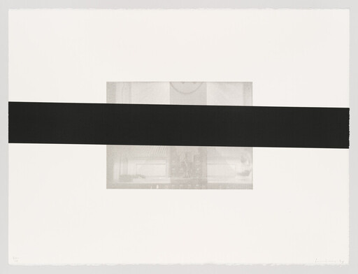 A wide black horizontal band crosses the center of a pale rectangular print with faint interior details.