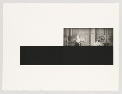 A black rectangular band across a white page with a small inset showing a room with a bust and person.