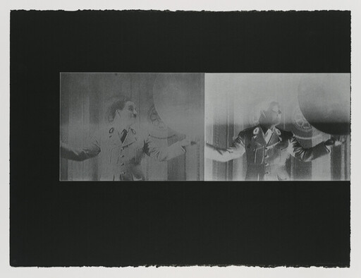 Man in military-style uniform gestures with arms raised in two adjacent film-strip frames.