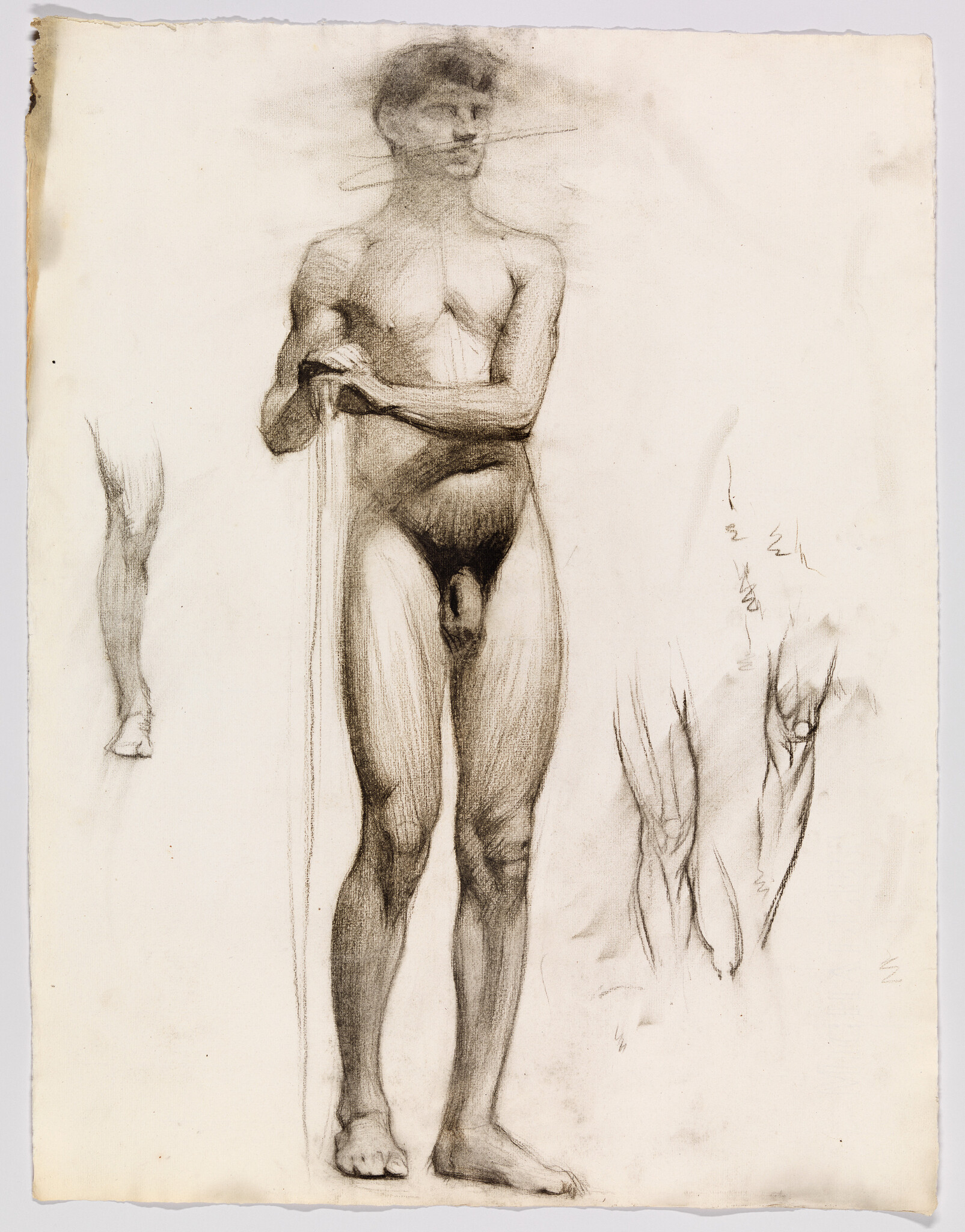 A standing nude male figure poses holding a vertical staff with nearby leg and knee studies.