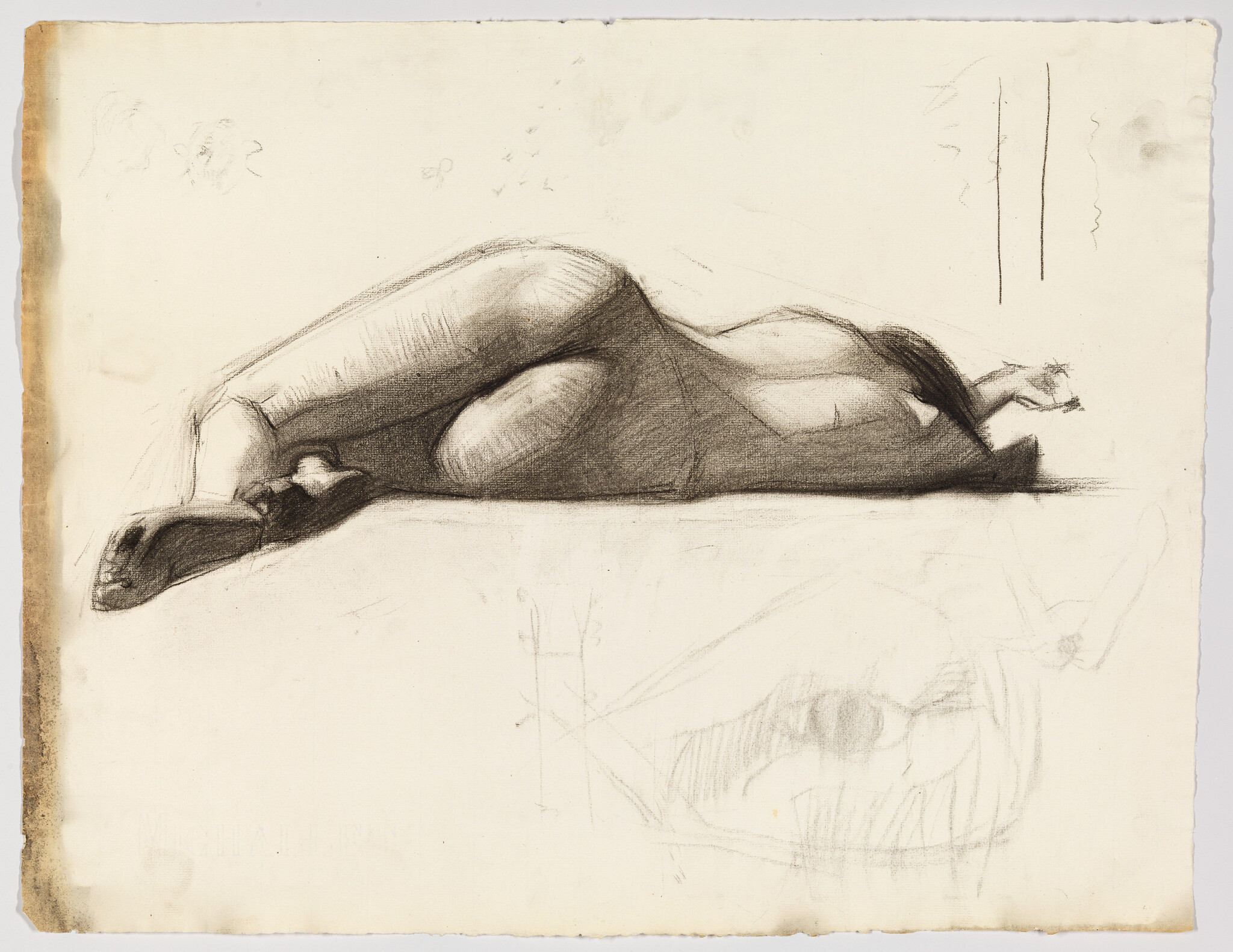 Reclining nude figure lying on left side in charcoal sketch with soft shading.