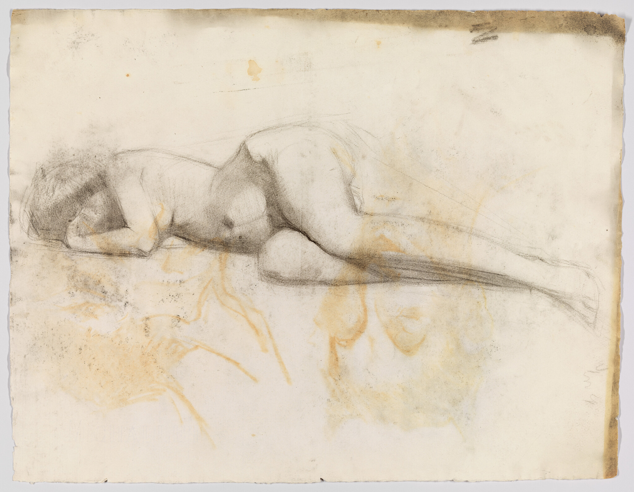 A charcoal sketch of a nude woman lying on her side with head resting on her arm.