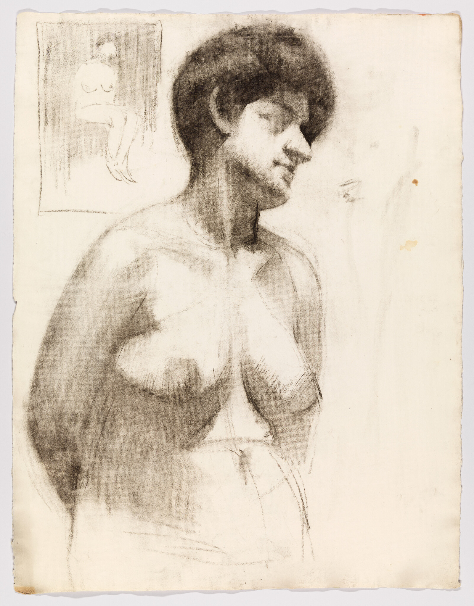 Standing nude woman drawn in charcoal, head tilted downward, with small seated figure sketch in the corner.