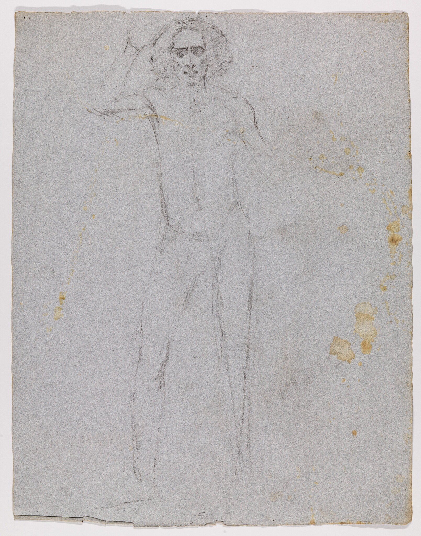 A faint pencil sketch of a standing male figure raising his right arm.