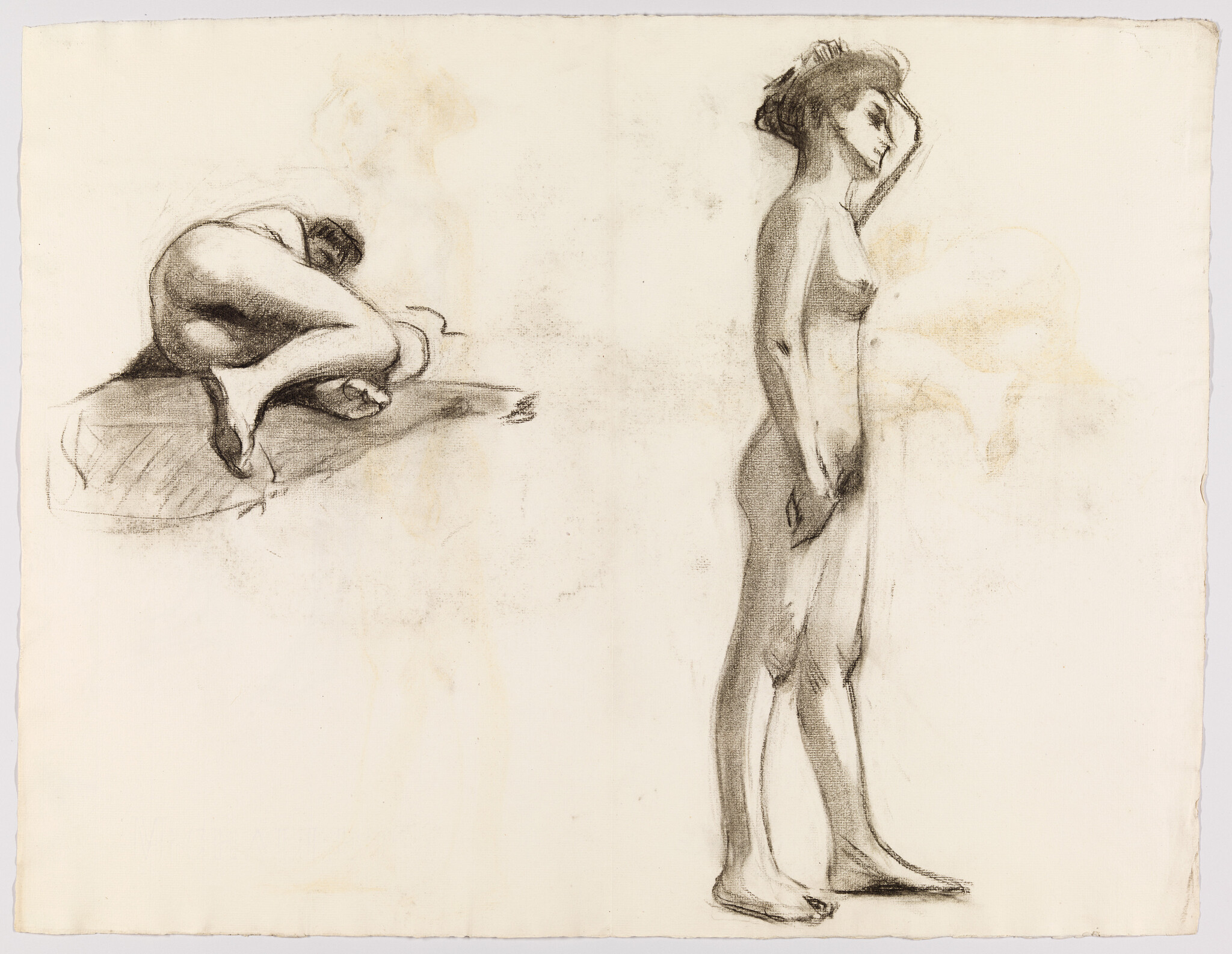 Two charcoal figure studies showing a standing nude woman with hand on her head and a curled nude.