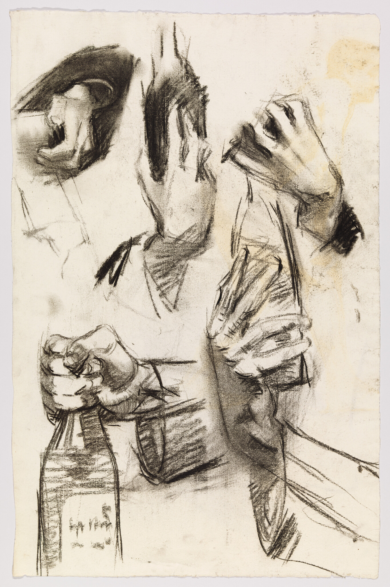 Several charcoal studies of hands, including a hand gripping a bottle and a folded sleeve.