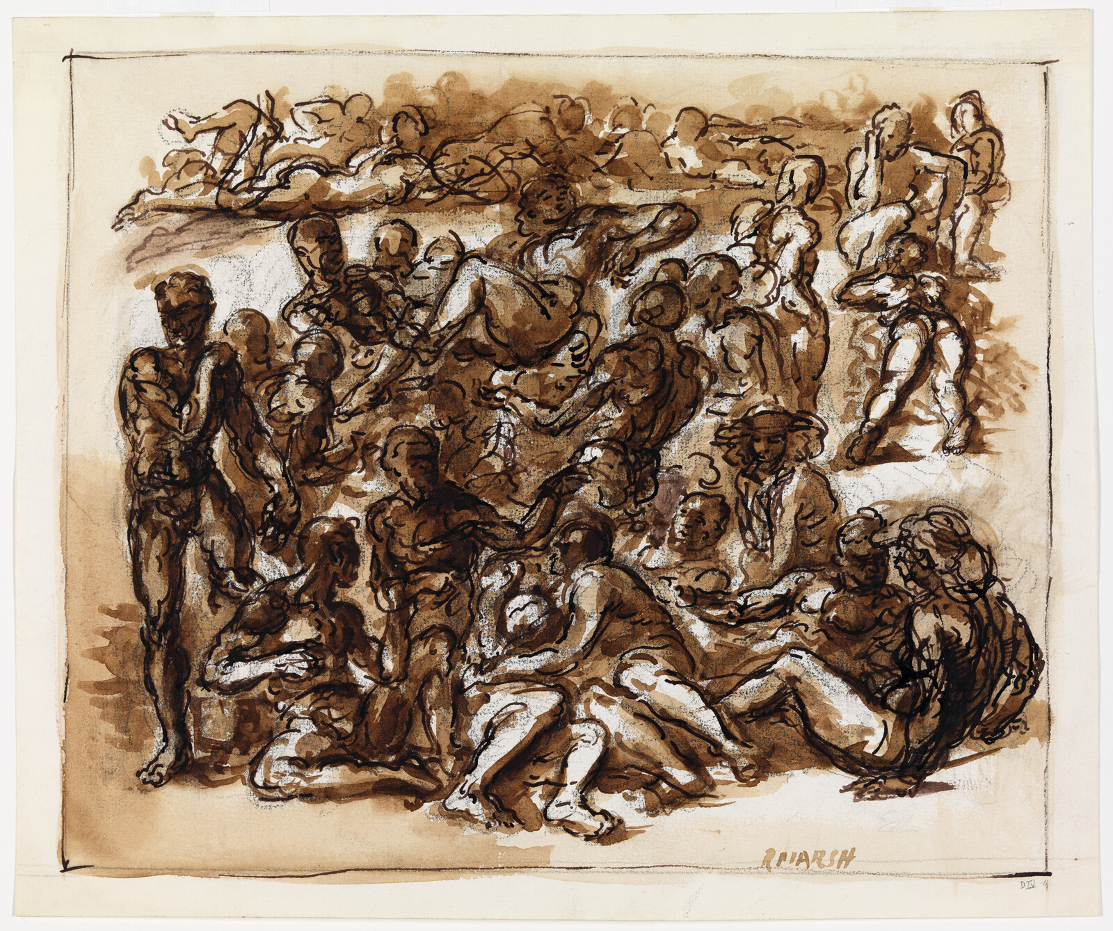 A crowded brown ink sketch of many nude figures interacting and reclining in a dynamic composition.